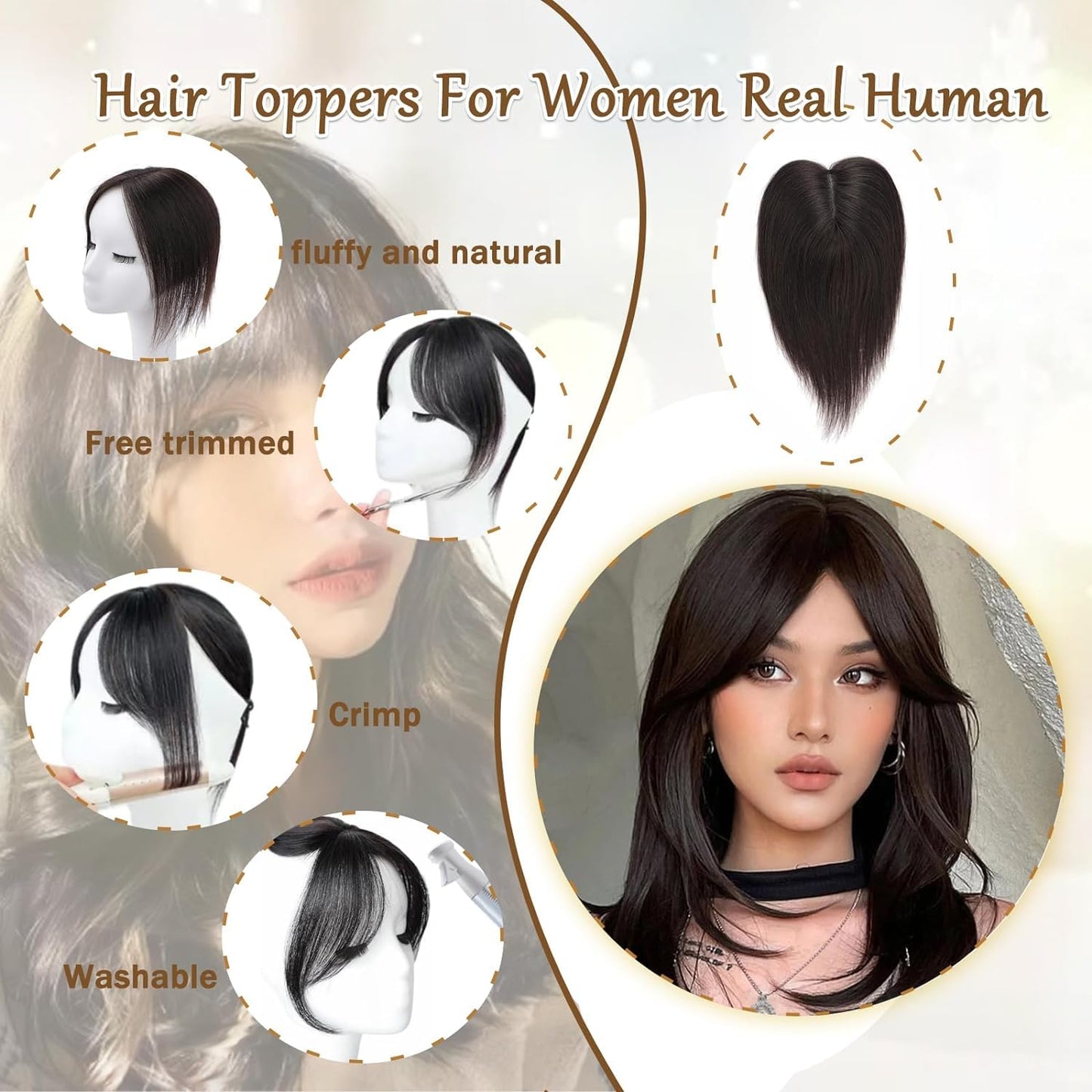 ISTGIFT Hair Toppers for Women Real Human Hair, Bangs Hair Clip 360° 3D Hair Toppers for Women No Bangs Top Hair Extensions, Hair Topper Hair Pieces for Women Daily (Honey Blonde Mixed Light Brown)