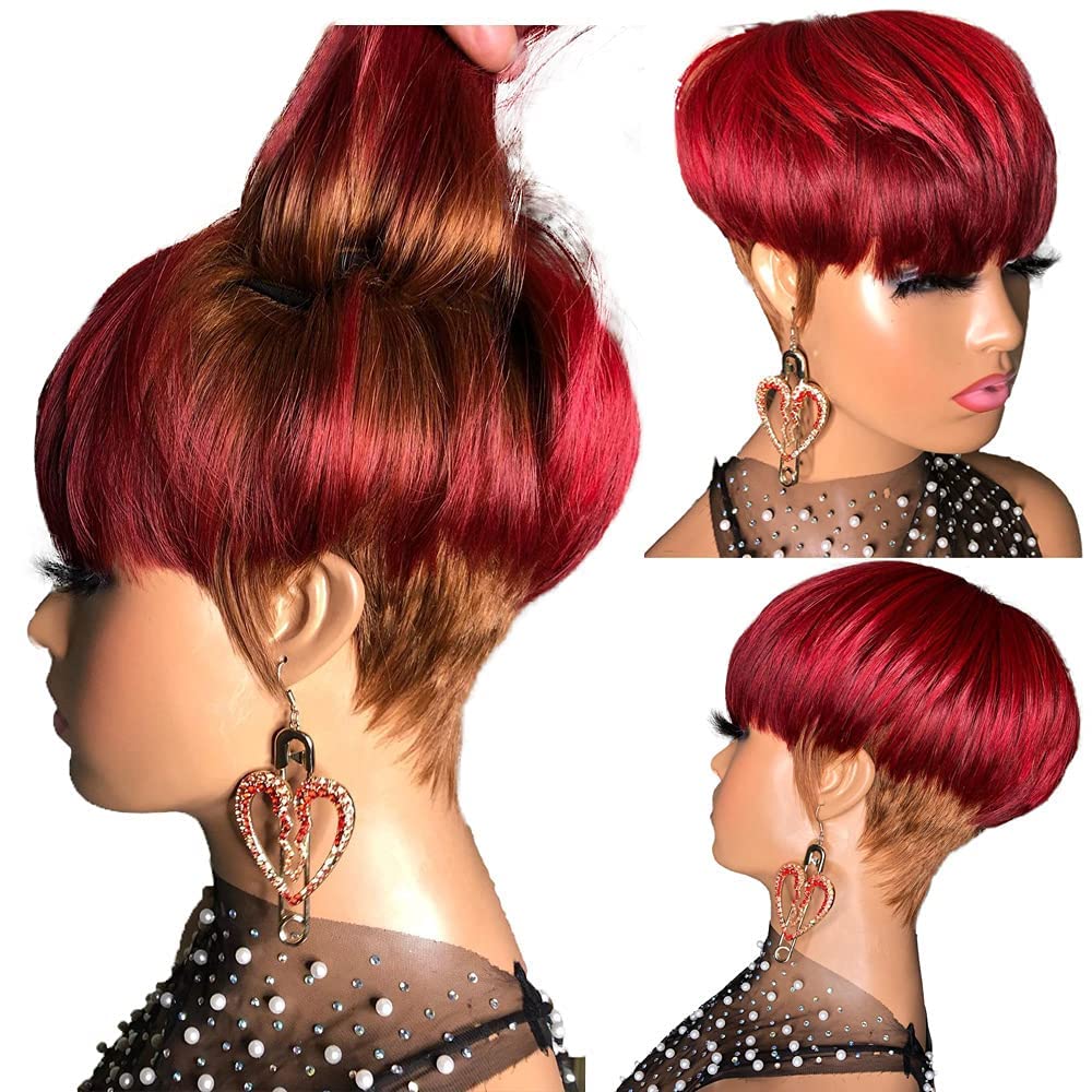 PurpleSexy Short Layered Pixie Cut Human Hair Wigs With Bangs Pixie Cut Wigs for Black Women 30/BG Daily Use Color Chic Elegent Brazilian Virgin Straight Human Hair Wigs (30/bg)