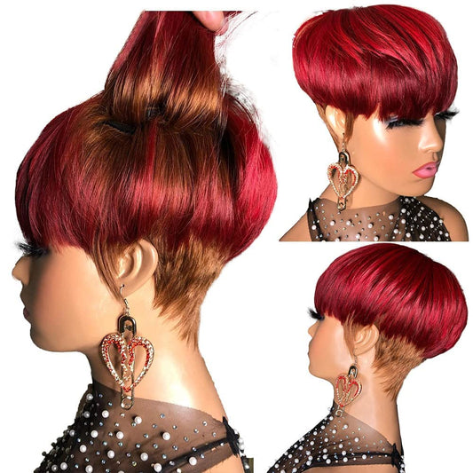 PurpleSexy Short Layered Pixie Cut Human Hair Wigs With Bangs Pixie Cut Wigs for Black Women 30/BG Daily Use Color Chic Elegent Brazilian Virgin Straight Human Hair Wigs (30/bg)