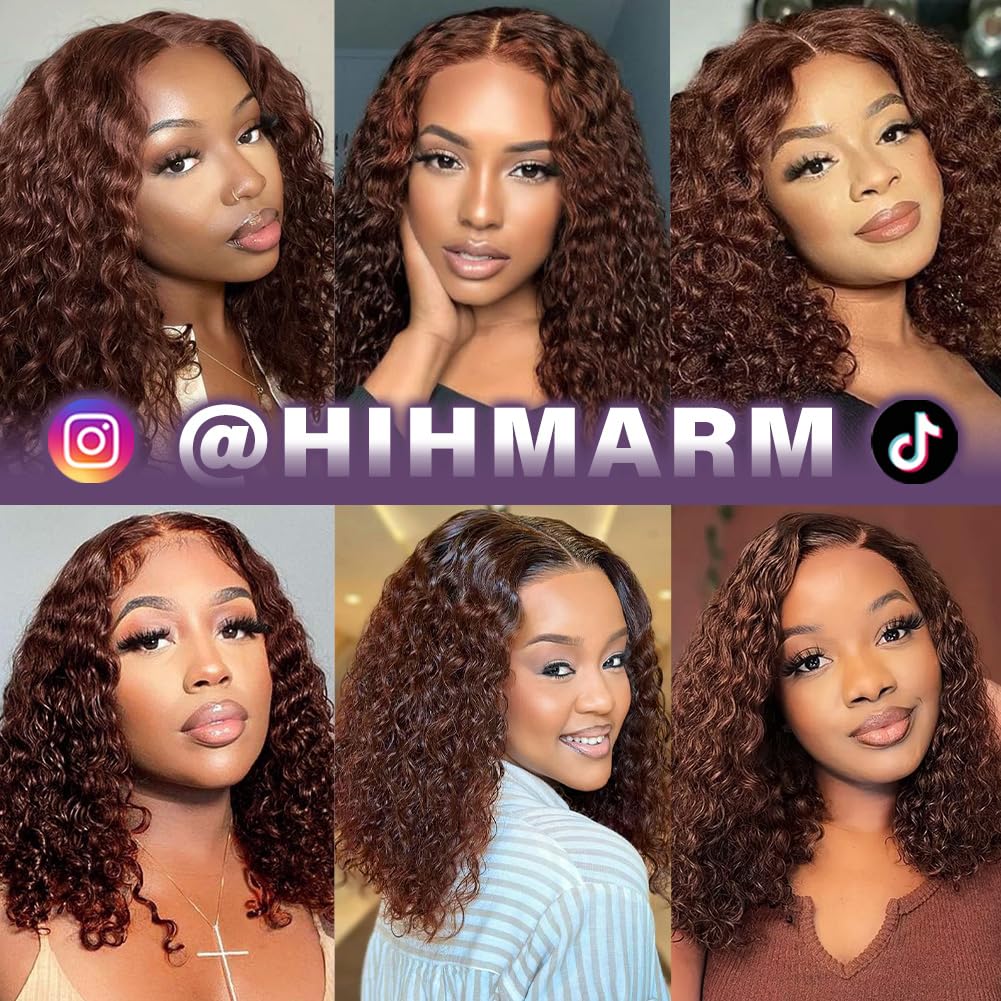 Hihmarm Chocolate Brown Deep Wave Bob Wig Human Hair 13x6 HD Lace Front Wigs Human Hair Pre Plucked Short Curly BOB Wigs For Black Women 180% Density Dark Brown Glueless Frontal Wigs 14 Inch