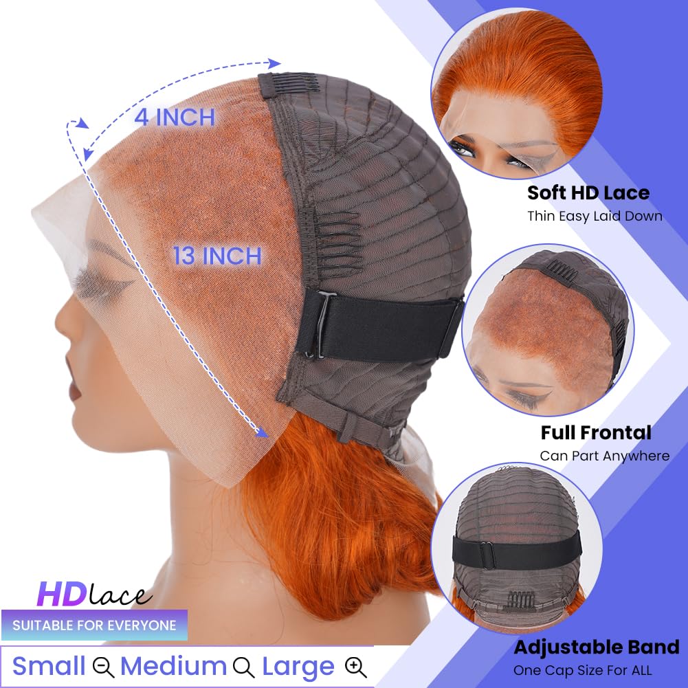 FASCARA Short Wig 350 Ginger Orange 16 Inch 180% Density Human Hair 13x4 HD Transparent Lace Front Wig with Baby Hair for Women
