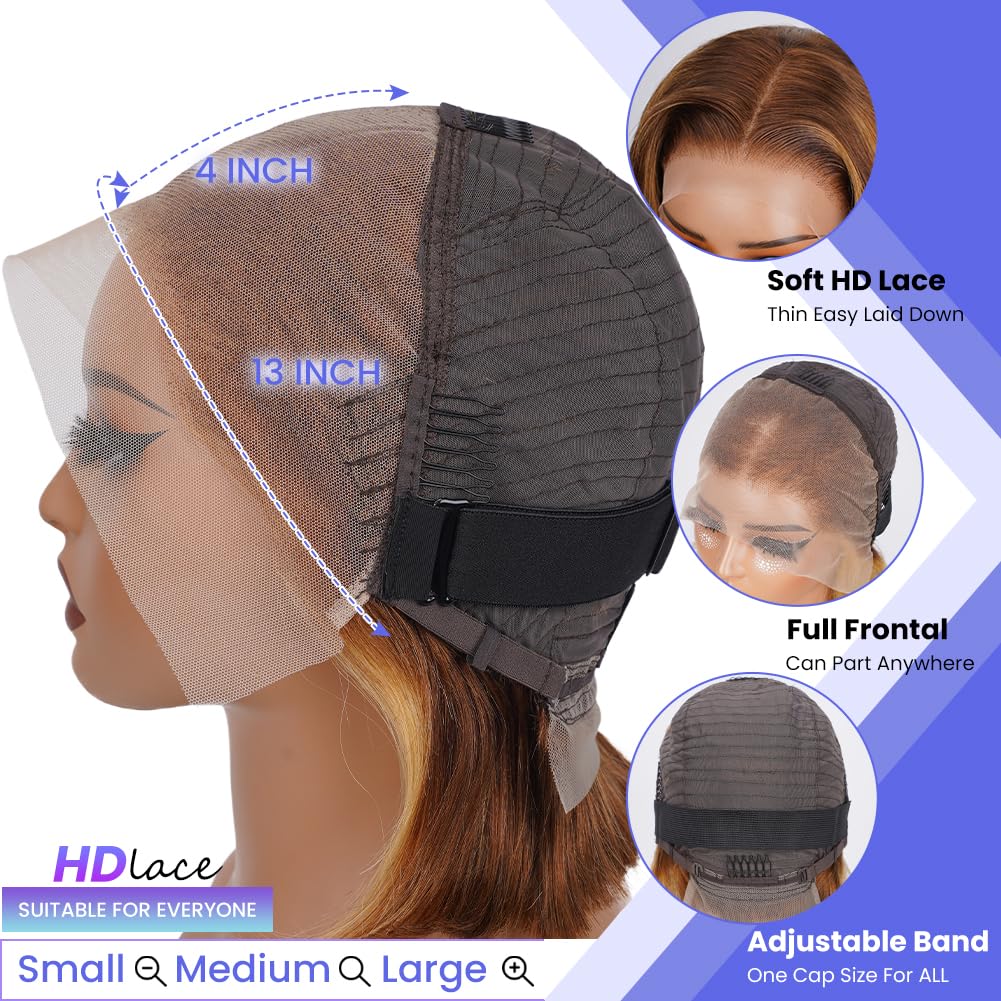FASCARA Highlight Ombre 13x4 Body Wave Human Hair Wigs for Women Lace Front Wig HD Transparent Lace Frontal Wigs 4/27 Color Honey Blonde Glueless Human Hair Wig Pre Plucked with Baby Hair 30 Inch