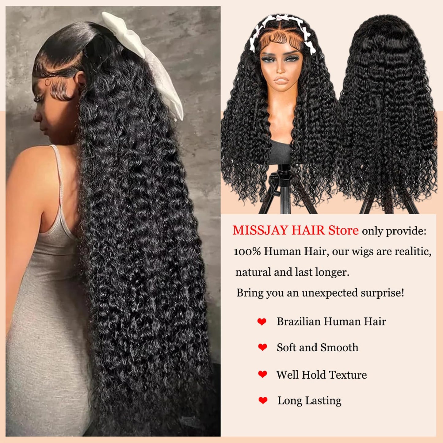MISSJAY Deep Wave Lace Front Wig Human Hair 38 Inch 13x6 Deep Curly Wigs Human Hair 200% Density Glueless Brazilian Hair Deep Wave Wig Pre Plucked with Baby Hair Natural Color for Black Women
