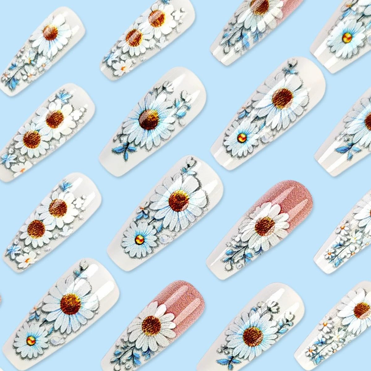 Spring Flower Press on Nails Long Coffin Fake Nails with Daisy Designs Spring Summer Glue on Nails Glossy Flower Acrylic Nails Full Cover False Nails with Glue Reusable Stick on Nails for Women 24PCS