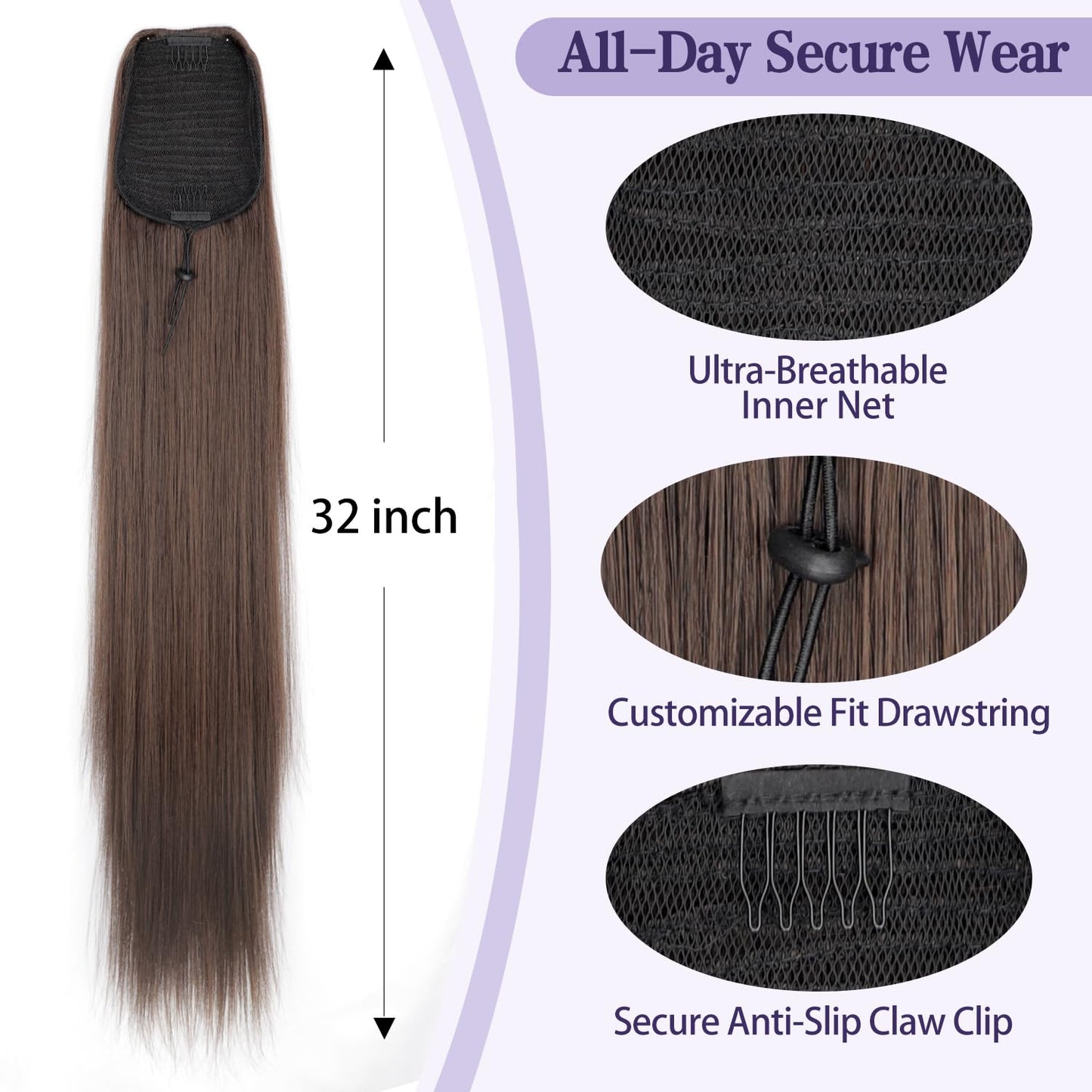 ORSUNCER Drawstring Ponytail Extension, Long Straight Pony Tails Hair Extensions Natural Soft Clip in Ponytail for Women Synthetic Hairpieces Medium Brown