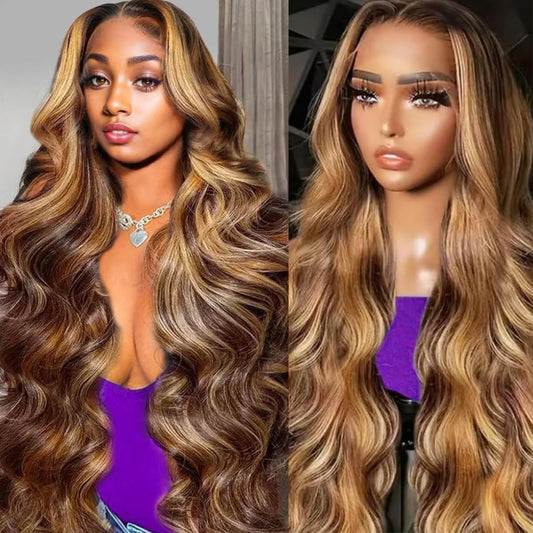 Dewyigs 30 Inch Highlight Ombre Lace Front Wig Human Hair Body Wave Honey Blonde Glueless HD Transparent Lace Frontal Wigs for Women 13X4 Human Hair Pre Plucked with Baby Hair