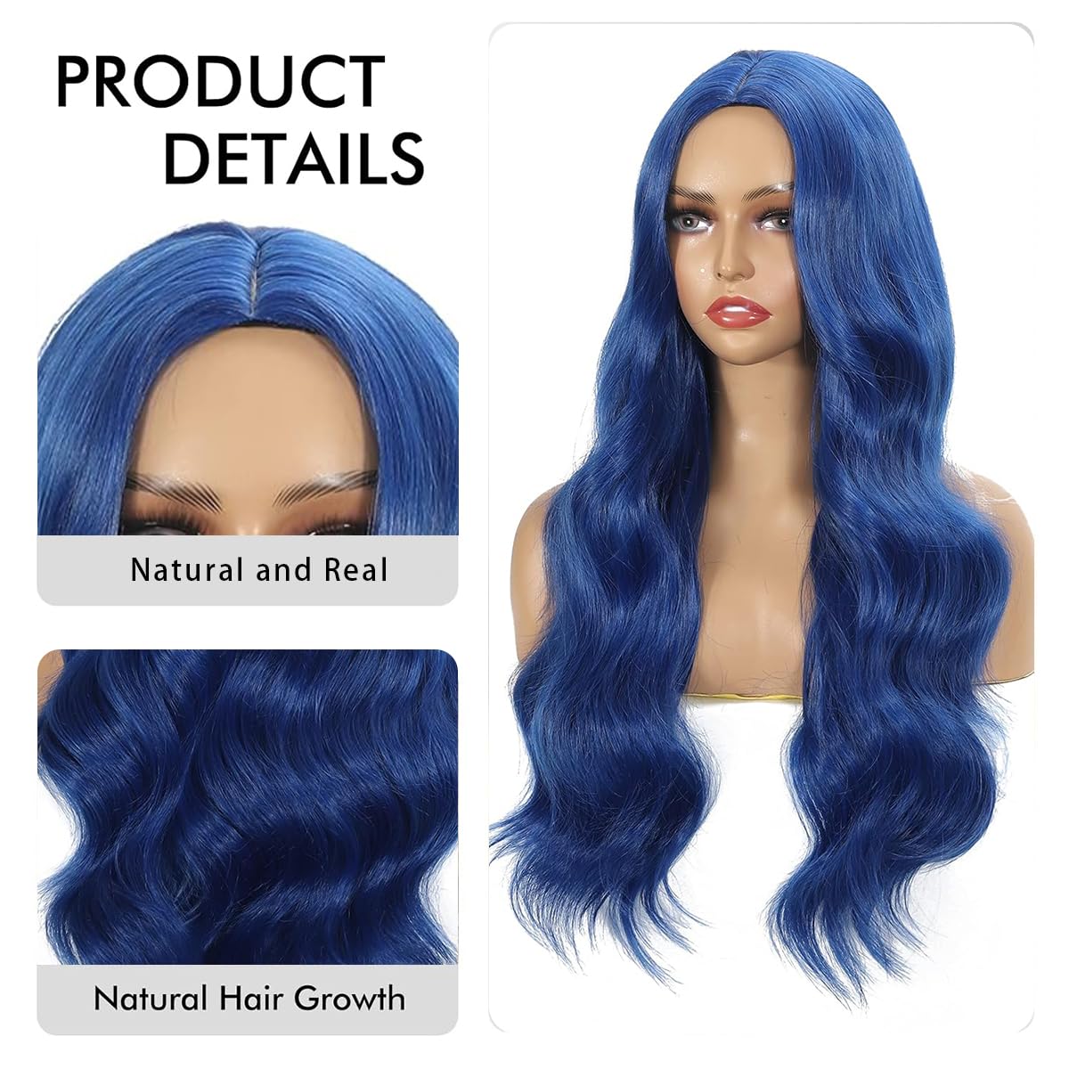 Sabosi Blue wig Long Wavy Wigs for Women 26 Inch Middle Part Curly Wavy Wig Natural Looking Synthetic Heat Resistant Fiber Wig for Daily Party Use