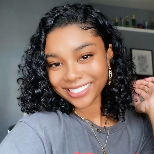Hihmarm Curly Bob Wig Human Hair Glueless Water Wave Lace Front Wigs Human Hair Pre Plucked 13x6 HD Lace Deep Wave Frontal Bob Wigs for Black Women Curly Wig Natural Black 12 Inch
