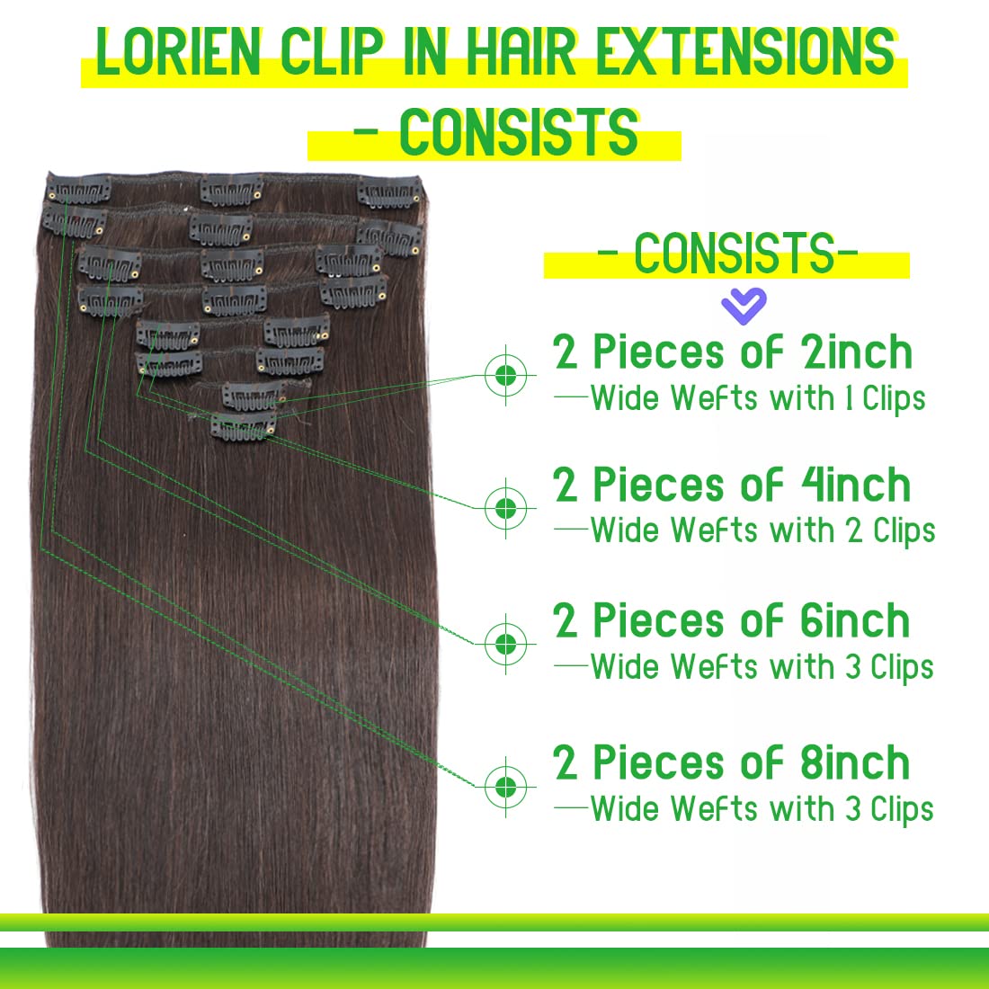 LORIEN Clip in Hair Extensions Real Human Hair, 24 Inch 120g, 2 Darkest Brown, Clip in 100% Brazilian Remy Human Hair Extensions 8pcs Per Set with 18 Clips Double Weft