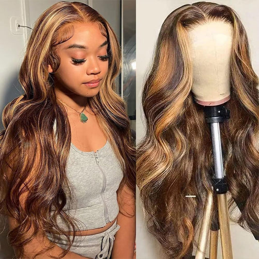 FASCARA Highlight Ombre 13x4 Body Wave Human Hair Wigs for Women Lace Front Wig HD Transparent Lace Frontal Wigs 4/27 Color Honey Blonde Glueless Human Hair Wig Pre Plucked with Baby Hair 30 Inch
