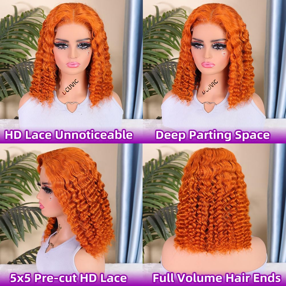 UCUVIC Wear And Go Glueless Wigs Human Hair Pre Plucked Pre Cut Curly 5x5 Deep Wave Bob Wig Human Hair Lace Front Closure Wigs For Black Women 200 Density Curly Wig Glueless Wear And Go Ginger 12 Inch
