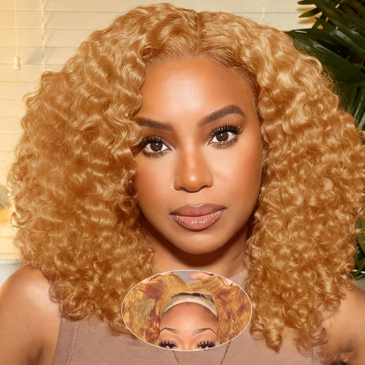 UCUVIC Glueless Wigs Human Hair Pre Plucked Pre Cut Wear And Go Curly 5x5 Deep Wave Bob Wig Human Hair Lace Front Closure Wigs For Black Women 200 Density Curly Wig Glueless Honey Blonde 14 Inch