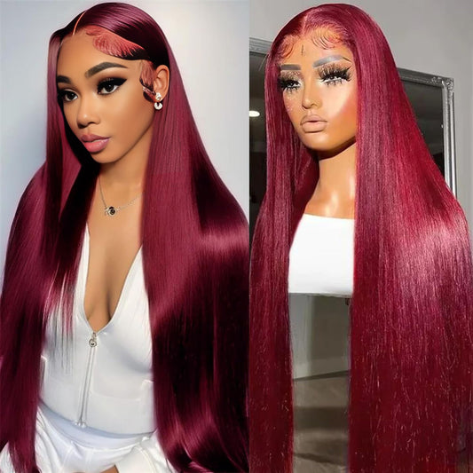 Hoscod 28 Inch 99J Burgundy Lace Front Wigs Human Hair 13x6 HD Transparent Straight Lace Front Wig Human Hairs Pre Plucked Burgundy Wig Red Wine Glueless Frontal Wigs Human Hair Wigs for Women
