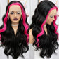 Fugady Black With Pink Highlight Body Wave Glueless Wig 13x4 Highlighted Heat Resistant Synthetic Lace Front Wig Pre Plucked 200 Density Loose Wave Wig With Baby Hair Colorful Wigs For Women 26 inch