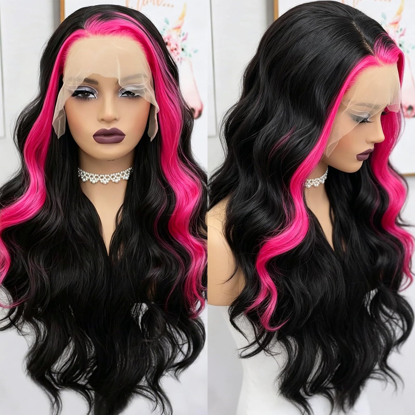 Fugady Black With Pink Highlight Body Wave Glueless Wig 13x4 Highlighted Heat Resistant Synthetic Lace Front Wig Pre Plucked 200 Density Loose Wave Wig With Baby Hair Colorful Wigs For Women 26 inch