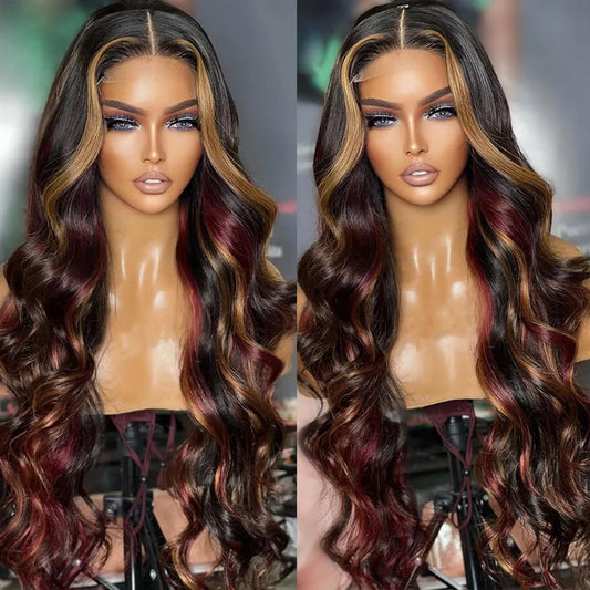 SISIFIRE Brown Highlight Lace Front Wigs for Women Pre-plucked Hairline Glueless 13X4 Inch Dark Burgundy Synthetic Lace Front Wig with Baby Hair Long Deep Body Wave Wigs