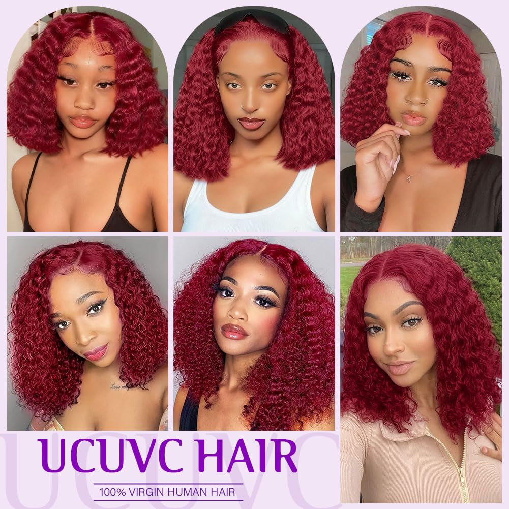 UCUVIC Glueless Wigs Human Hair Pre Plucked Pre Cut Wear And Go Curly 5x5 Deep Wave Bob Wig Human Hair Lace Front Closure Wigs For Black Women 200Density Wig Glueless Wear And Go Burgundy 14 Inch