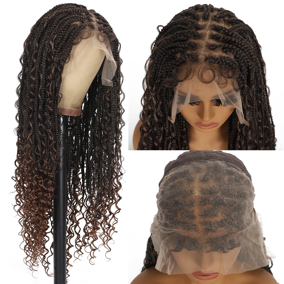 28 Inch Half Lace Front Braided Wigs for Black Women Knotless Braids Wigs Bohemian Boho Braids Goddess Box Braided Wig with Baby Hair (T30, 28 inch)