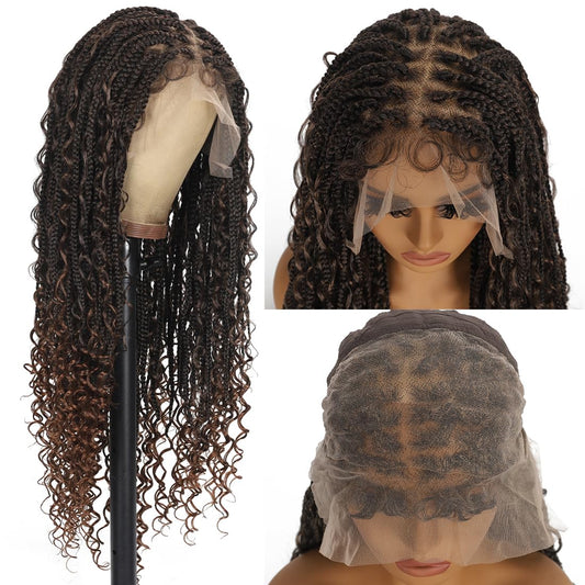 28 Inch Half Lace Front Braided Wigs for Black Women Knotless Braids Wigs Bohemian Boho Braids Goddess Box Braided Wig with Baby Hair (T30, 28 inch)
