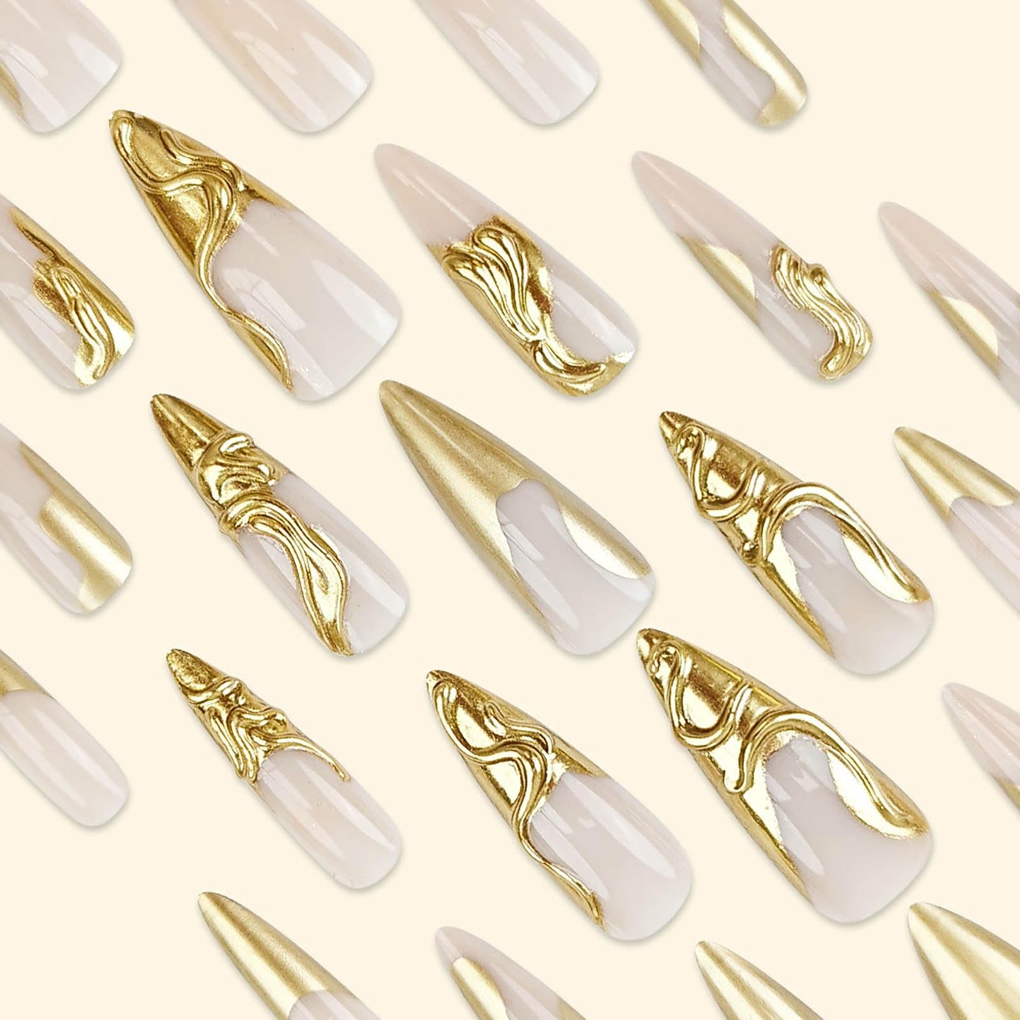 RTKHFZE Long Stiletto Press on Nails Light Taupe Color, 3D Gold Coat Full Cover Claw Nails for Women and Girls