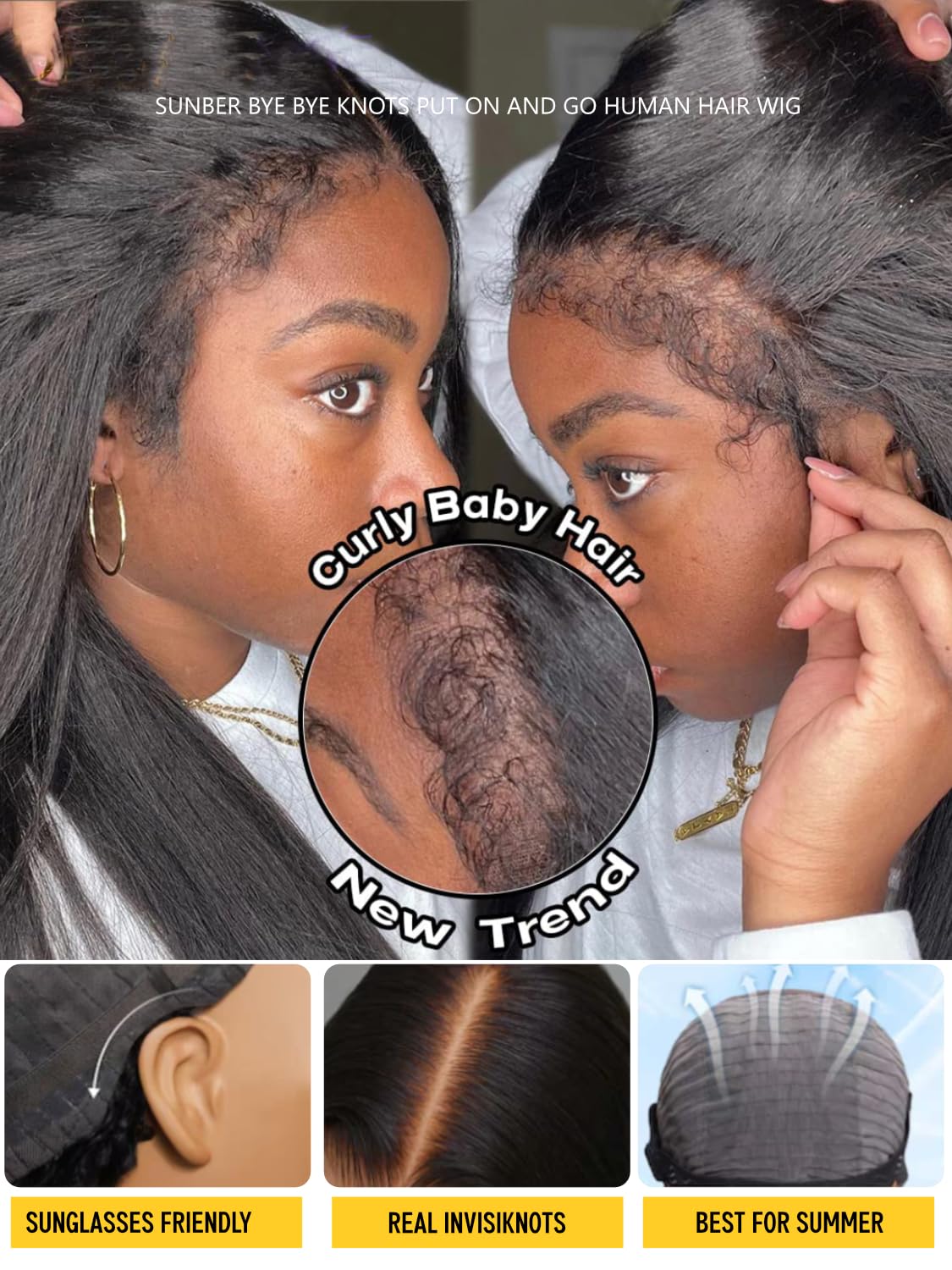 Sunber Bye Bye Knots 7x5 Lace Front Glueless 4C Egde Yaki Straight Human Hair Wigs Pre Plucked Invisible Knots Pre Everything 3S Ready to Wear Yaki Straight Human Hair Wig 20Inch