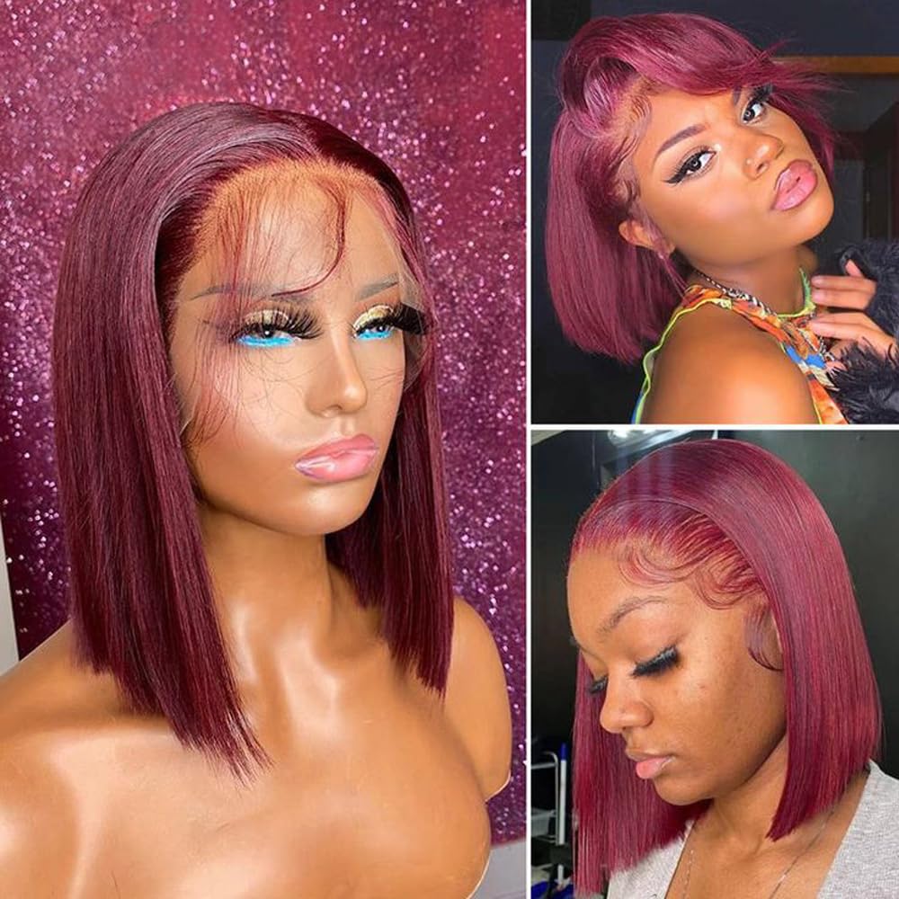 99J Lace Front Wigs Human Hair 8 inch Brazilian Burgundy Straight 13x4 HD Transparent Lace Bob Wig Human Hair Glueless Frontal Wigs Pre Plucked 180% Density Short Bob Wig Human Hair With Baby Hair