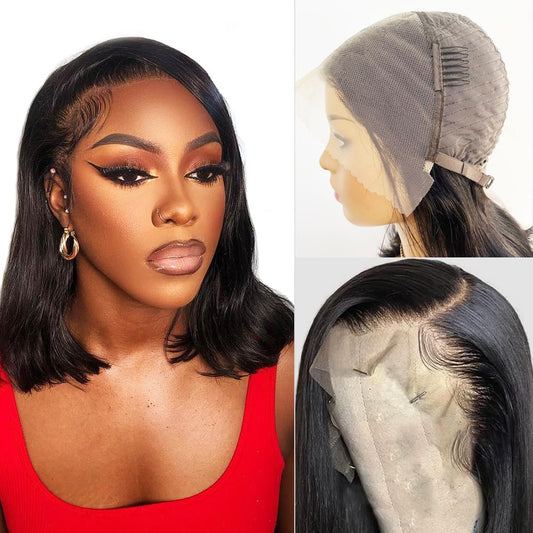 Karlami Bob Wig Human Hair 13X4 Frontal Lace Wig Glueless Wigs Human Hair Pre Plucked Transparent Bob Lace Front Wigs for Women 150 Density (Black, 14 Inch)