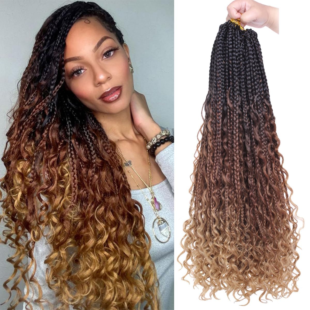 COOKOO 22 Inch Goddess Box Braids Crochet Hair for Women 8 Packs Synthetic Hippie Pre Looped Bohemian Boho Box Braids With Curly Ends Twist Braiding Hair 53#