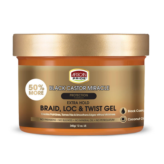 African Pride Black Castor Miracle Extra Hold Braid, Loc, Twist Gel - Extreme Hold Braiding Hair Gel, Edge Control & Tames Frizz, No Flake | Natural Ingredients, Black Castor & Coconut Oil | 12oz