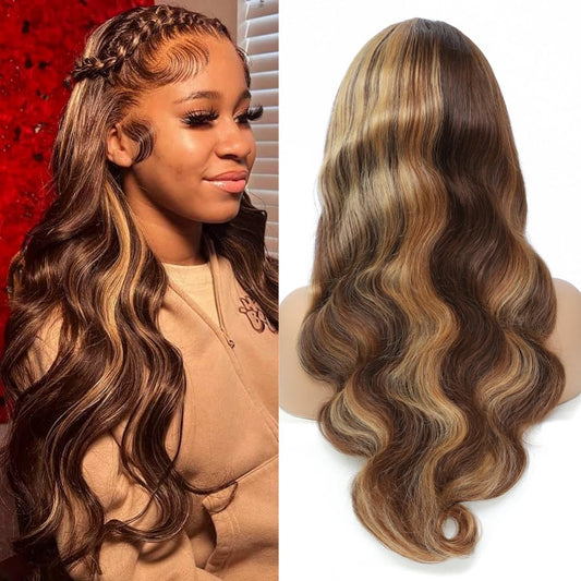 SERUYLEO Highlight Lace Front Wigs Human Hair Pre Plucked 4/27 13x4 Ombre Honey Blonde Transparent Lace Front Wigs Human Hair for Women 180% Density Body Wave Glueless Human Hair Wigs 22 Inch