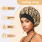 4PCS Silk Hair Bonnet for Sleeping,Hair Wrap Satin Bonnets Shower Cap for Black Women Men, Elastic Wide Band Hair Bonnet Cap for Sleeping Curly Hair(Black & Wine Red & Purple Print & Leopard Pattern)