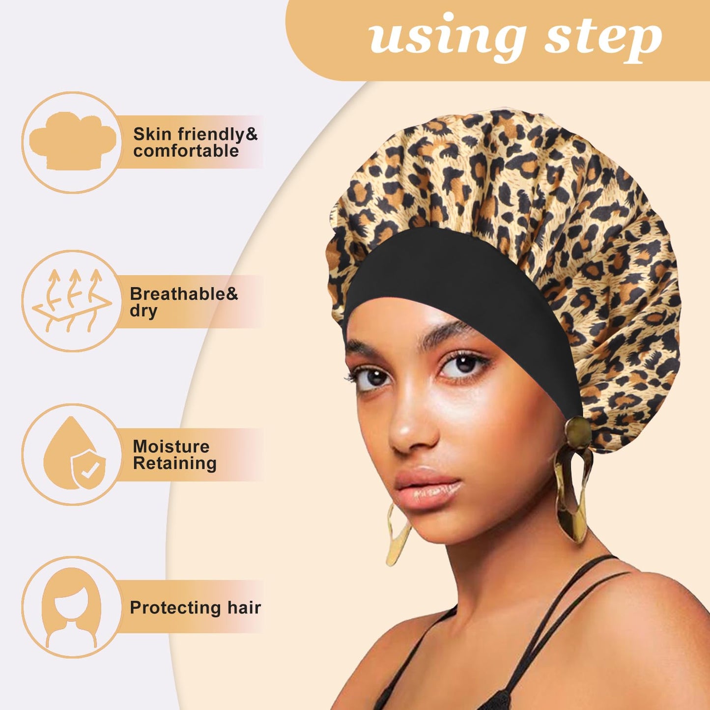 4PCS Silk Hair Bonnet for Sleeping,Hair Wrap Satin Bonnets Shower Cap for Black Women Men, Elastic Wide Band Hair Bonnet Cap for Sleeping Curly Hair(Black & Wine Red & Purple Print & Leopard Pattern)