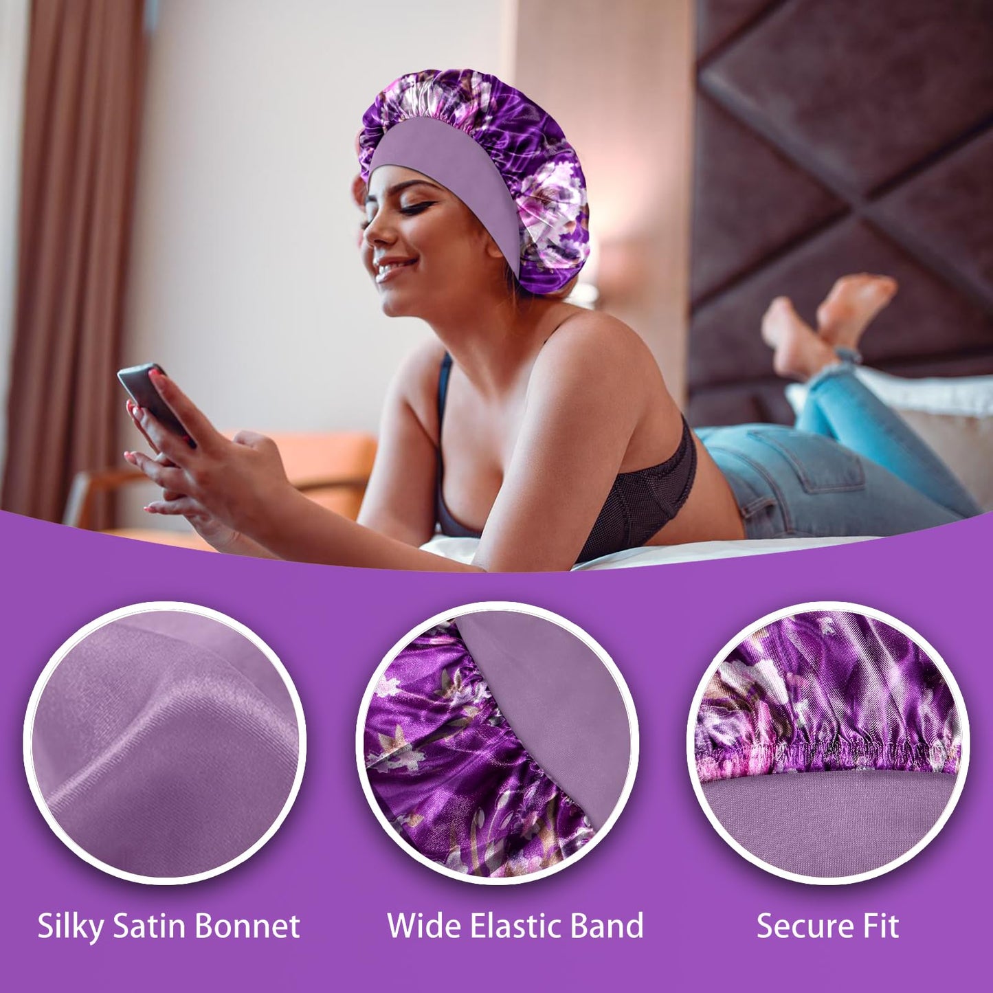 4PCS Silk Bonnet for Sleeping,Satin Bonnets Hair Wrap Cap for Black Women Men for Curly Hair,Elastic Wide Band Hair Bonnet Print Shower Cap for Sleeping (Black & Wine Red & Purple & Leopard Pattern)