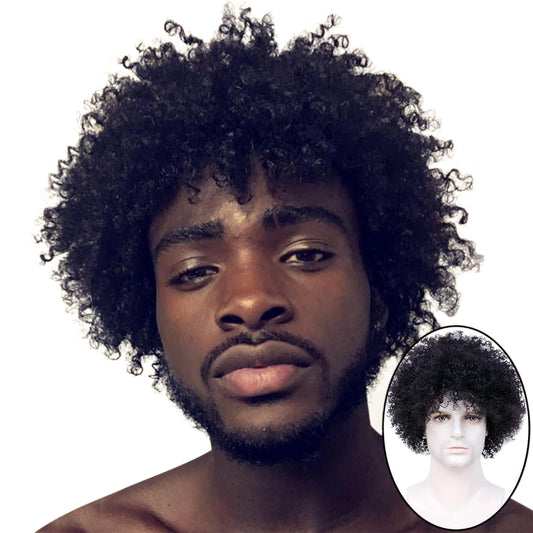 BECUS 8 Inch Afro Wig for Black men Short Kinky Curly Human Hair Wigs for Black Men Short African American Male Afro Wig (Natural Spiral Black #1B)