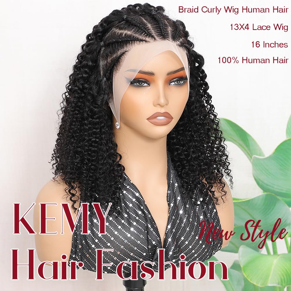 Kinky Curly Braided Wig Human Hair Natural Color Curly Wigs 13X4 Lace Front Wigs Brazilian Curly Wigs 16 Inches Transparent Color Braid Wig For Black Women Pre-Plucked with Baby Hair Glueless Wig