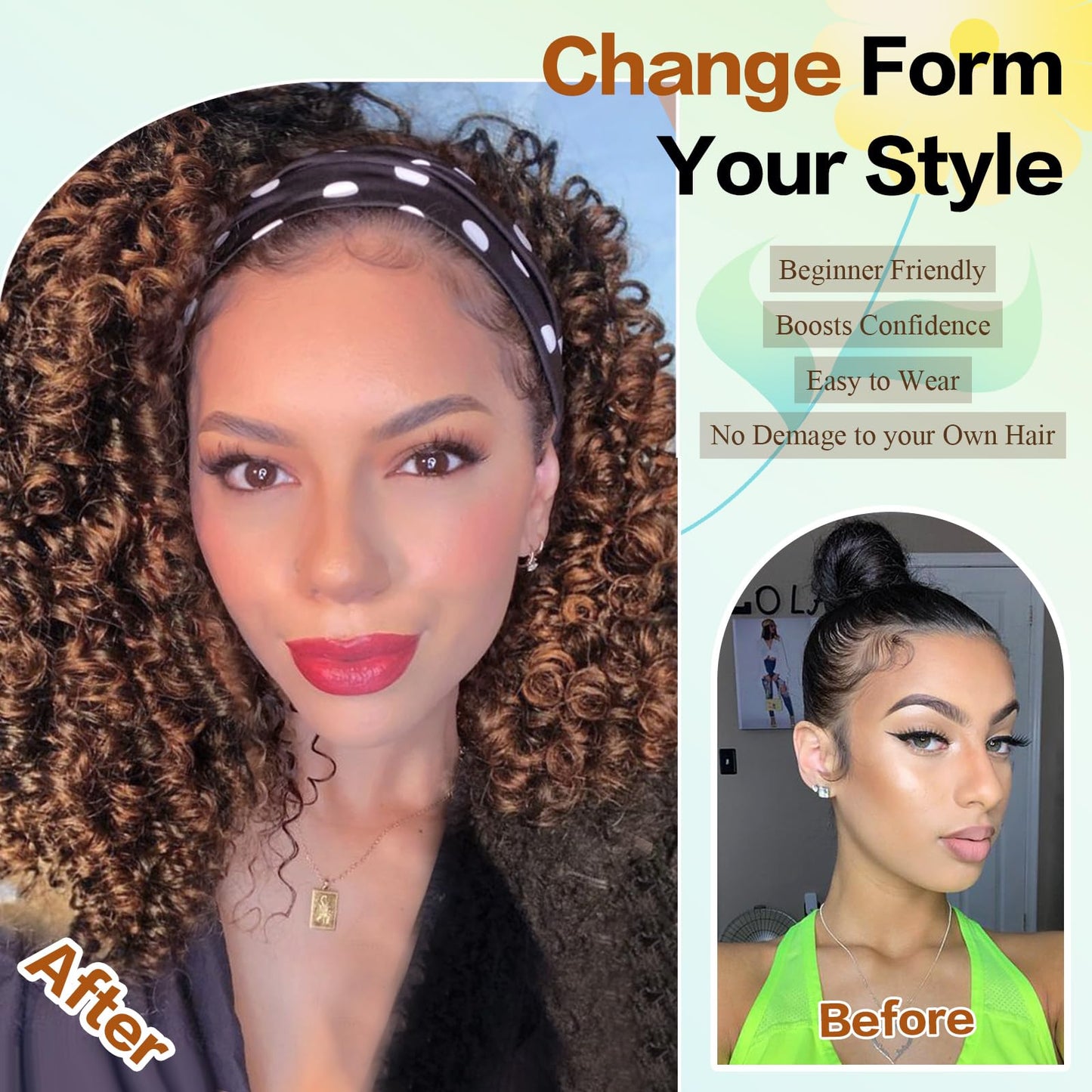 Aisaide Kinky Headband Wig 12 Inch Deep Curly Headband Wigs for Black Women Glueless No Lace Deep Curly Half Hair Wigs Dark Almond Brown