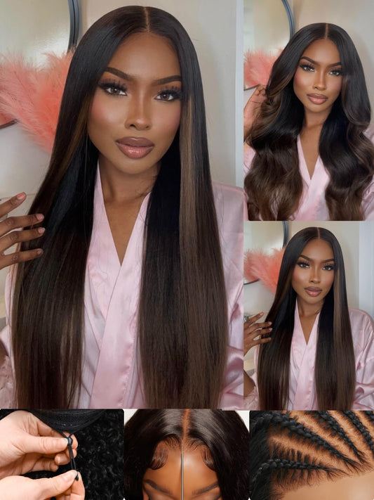 Sunber Ombre Chestnut Yaki Straight Human Hair Wigs with Drawstring Put and Go Bye Bye Knots Pre Cut 7x5 HD Lace Front Glueless Yaki Wigs Pre Plucked Invisible Knots 3S Wear 18Inch Beginner friendly