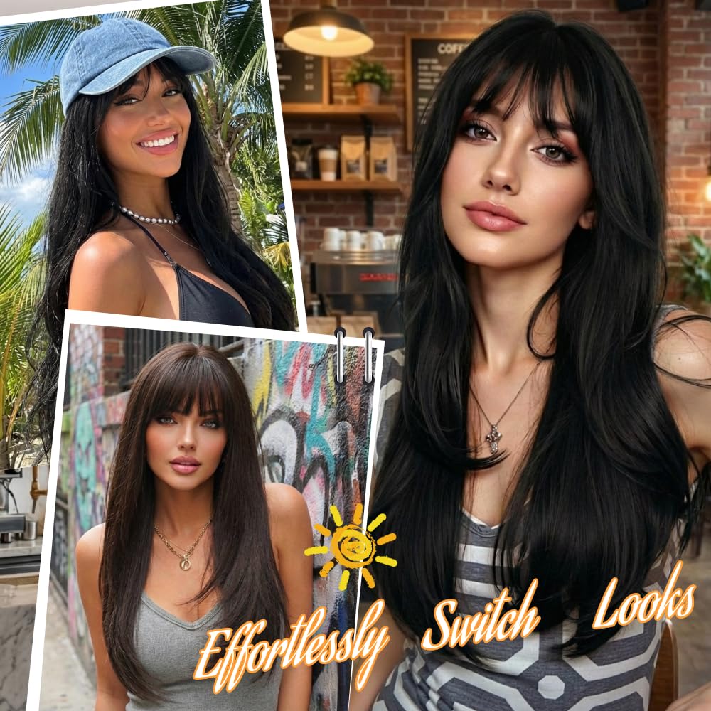 ZRLK Black Wig with Bangs Long Black Wig for Women Synthetic Heat-Resistant Hair Layered Style Hair for Daily and Party Use