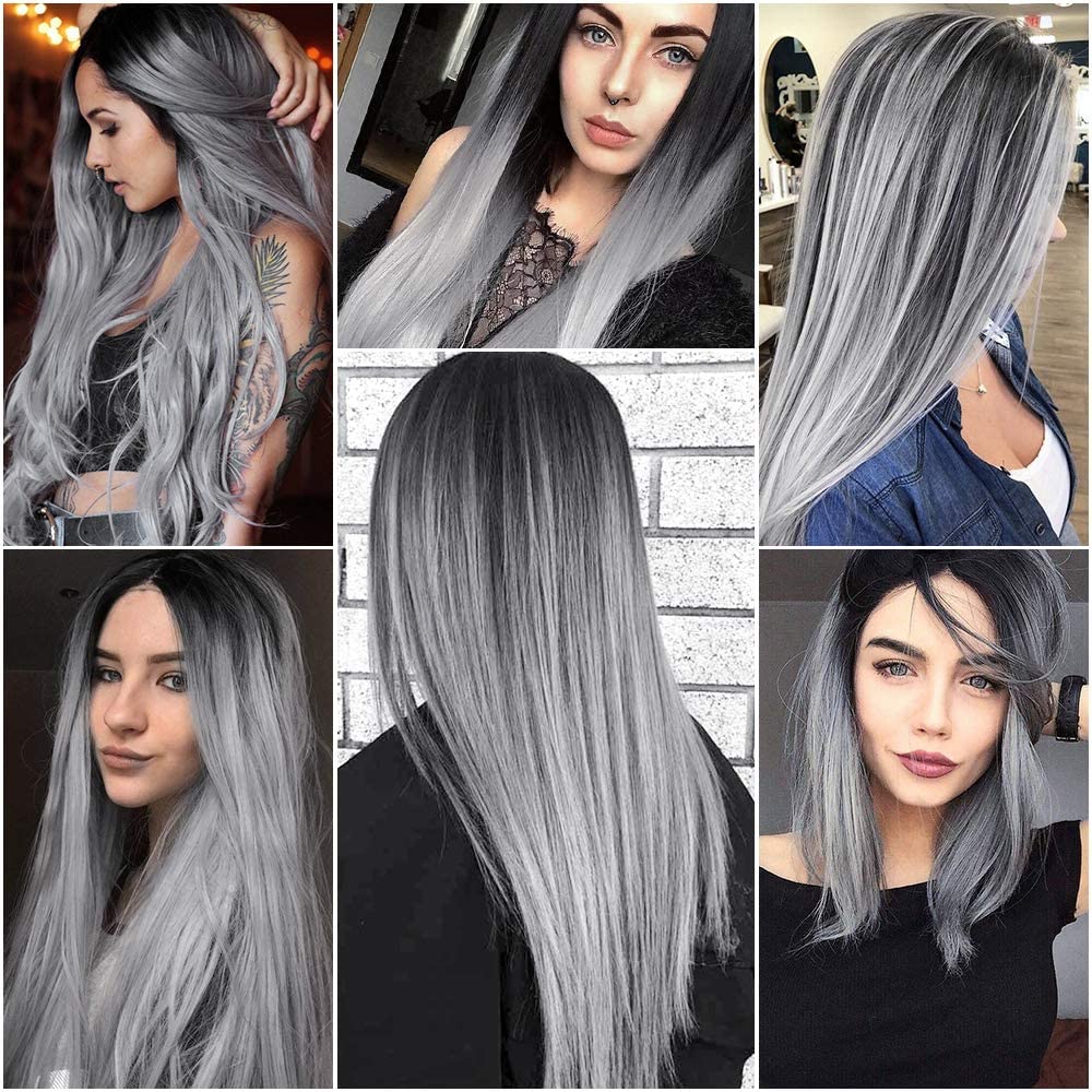 TOFAFA 22 inch Colored Hair Extensions Straight Hairpiece, Multi-colors Party Highlights Clip in Synthetic Hair Extensions for Girls Women Kids Favor Gift(10 PCS Grey)