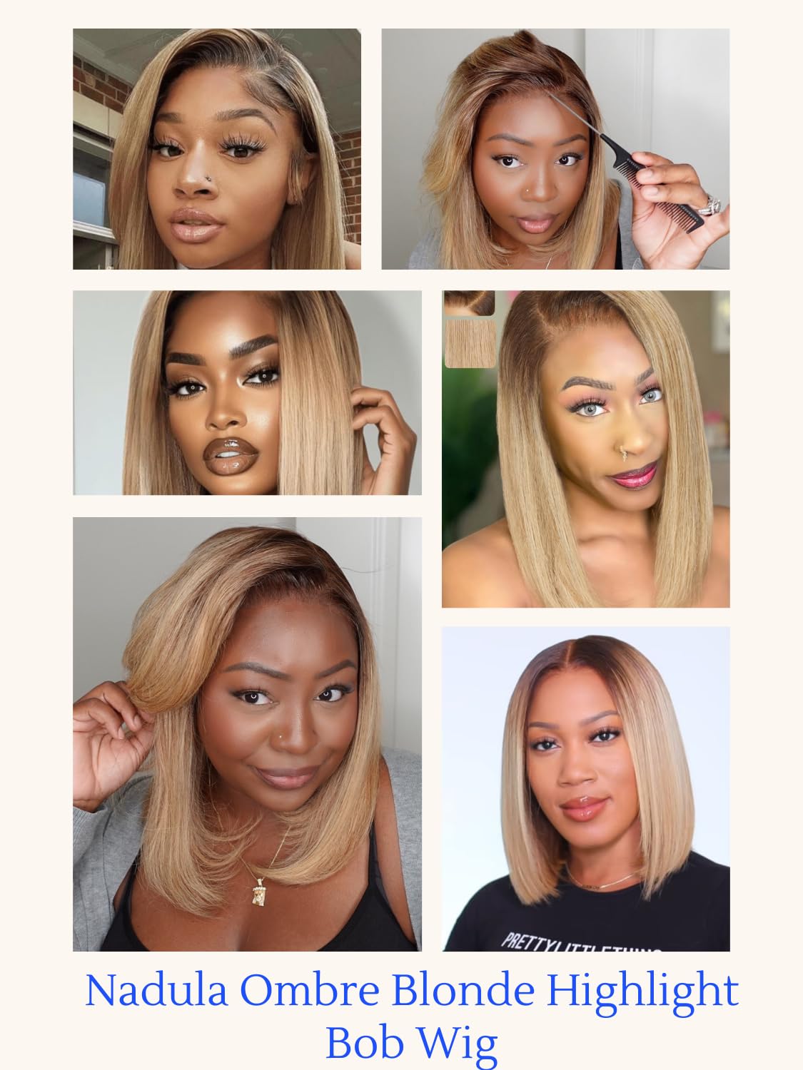 Nadula 13X4 HD Ombre Blonde Highlight Bob Straight Drawstring Wig Human Hair With Brown Roots - Pre Everything Glueless Ombre Bob Lace Front Wig with Ear Tape - Ready to Go Short Ombre Bob Wig 10inch