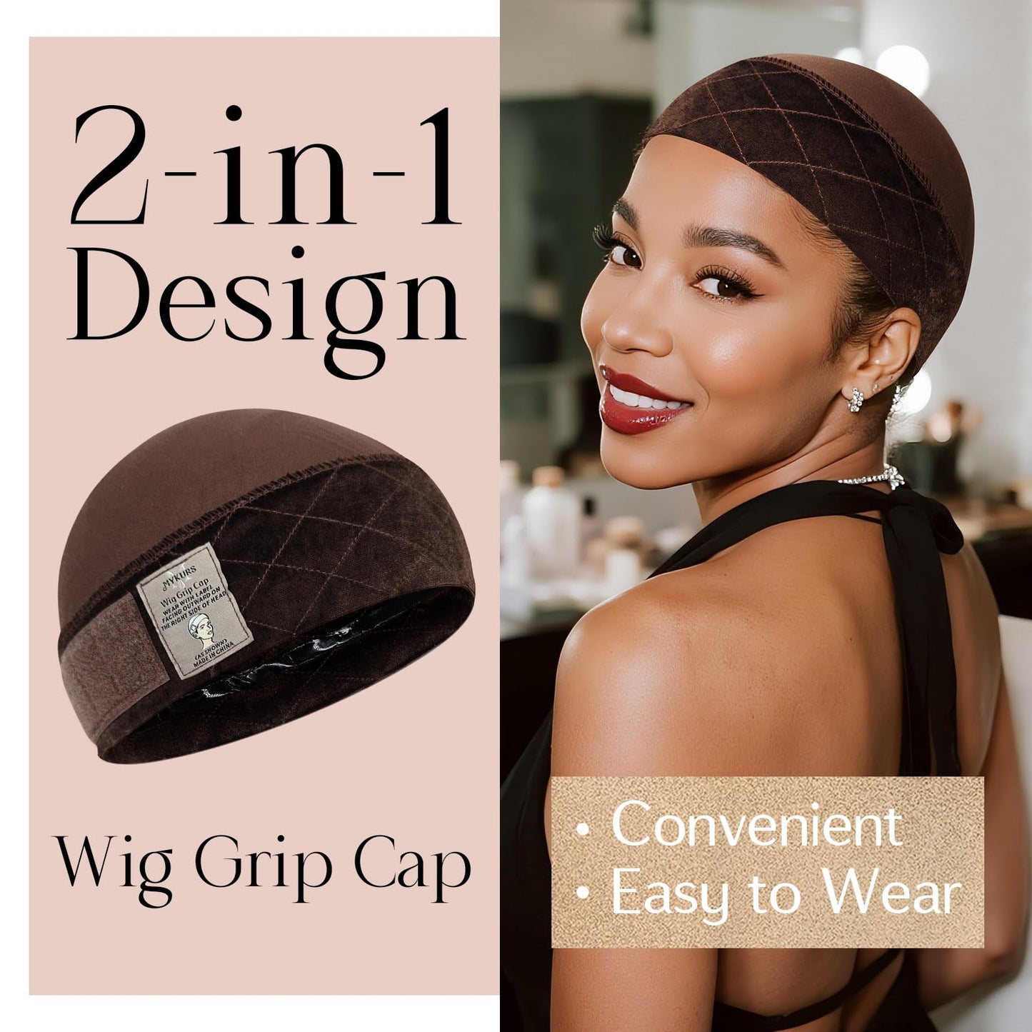 MYKURS Wig Grip Cap with Silicone Strip Non Slip, 2-in-1 Soft Wig Caps to Hold Wig in Place, Dark Brown 2 PCS
