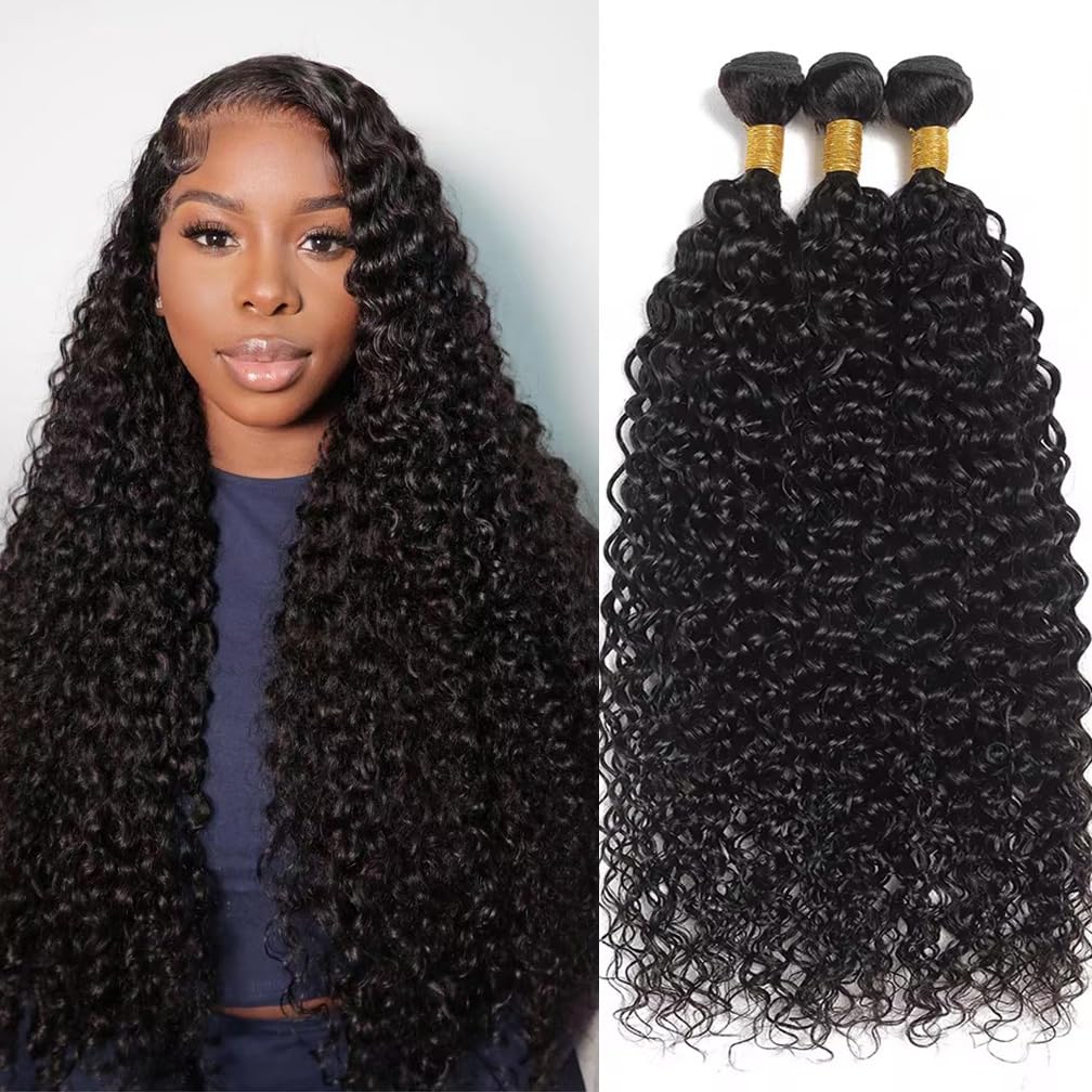 Borchan Water Wave Bundles 26 28 30 Inch Brazilian Water Curly 3 Bundles Human Hair for Black Women Hair Extensions Natural Black Color
