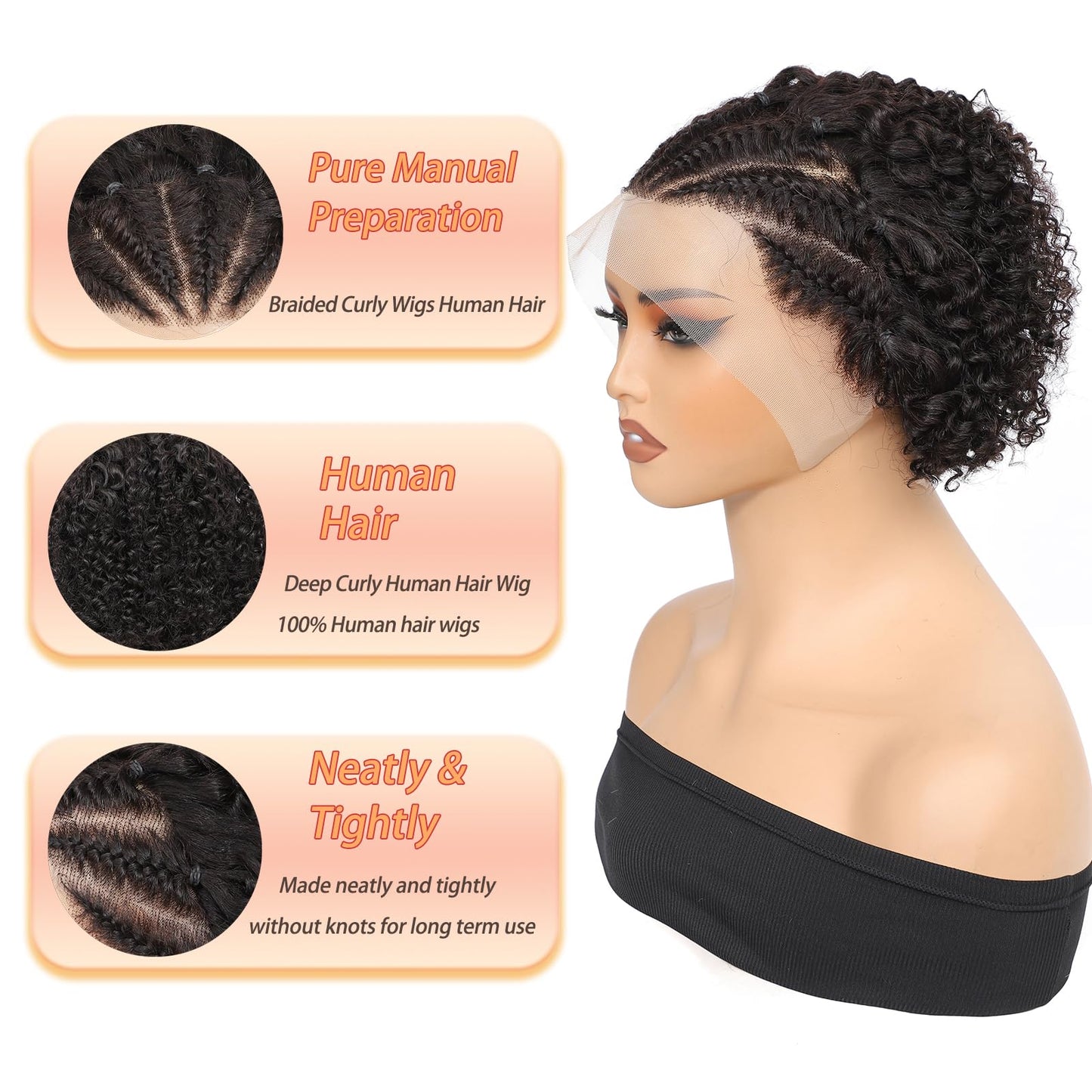 Inghood Braided Lace Front Wigs For Black Women Braided Curly Human Hair Wigs Fully Handmade Braided Wig Pixie Cut Wig 13x4 Lace Front Wigs Human Hair Curly Bob Wig Human Hair (Natural Color)