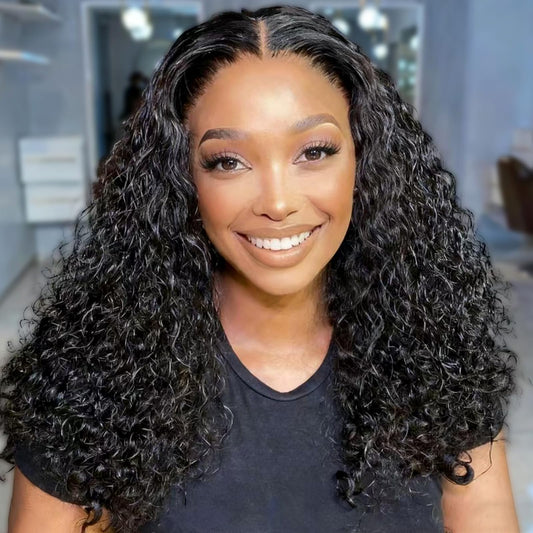Hihmarm Curly Human Hair Wig 13x6 HD Lace Water Wave Frontal Wigs Human Hair Pre Plucked Wear And Go Deep Wave Frontal Glueless Wig for Black Women 180 Density Curly Wig Natural Black 18 Inch