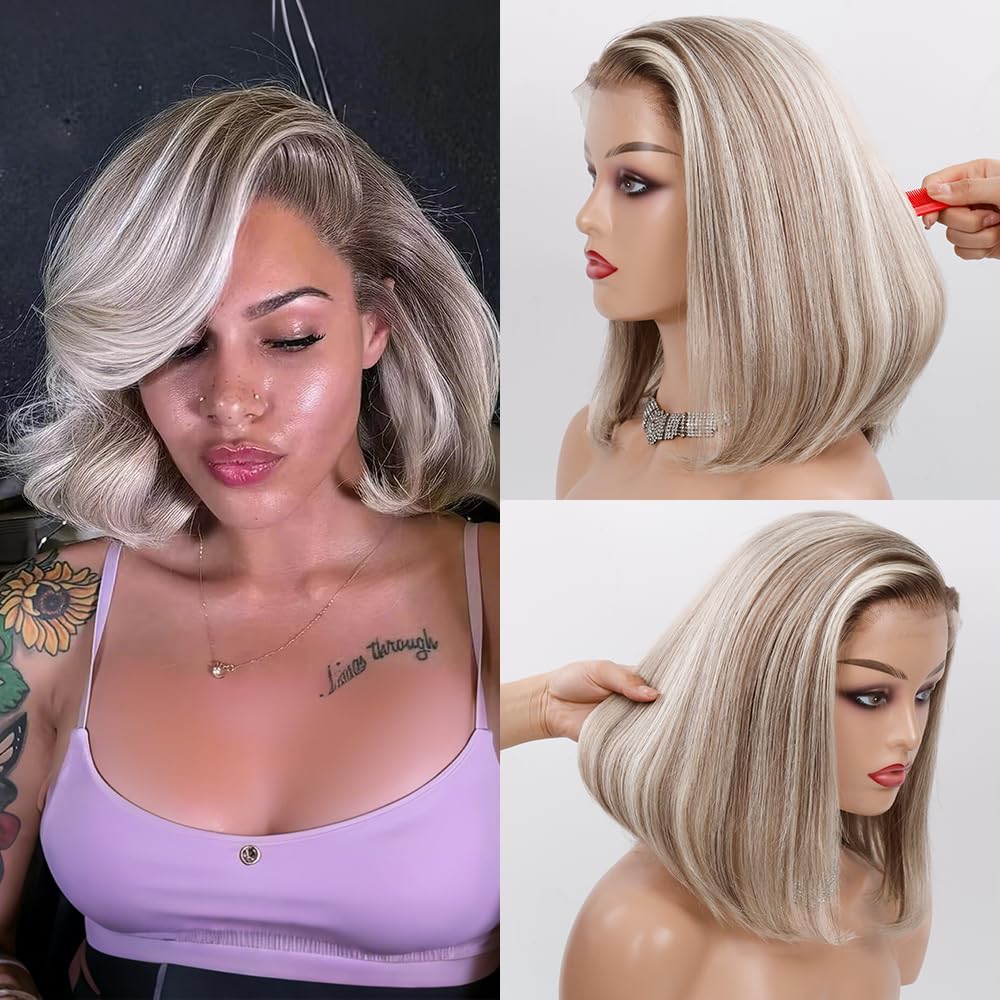 Byluxurious Highlight Ash Blonde Wig Human Hair Pre Plucked Breathable Balayage Ombre Brown Blonde Straight Short Bob Wigs 13x4 UHD Lace Front Wig Remy Real Human Hair for Woman 12Inch 180% Density