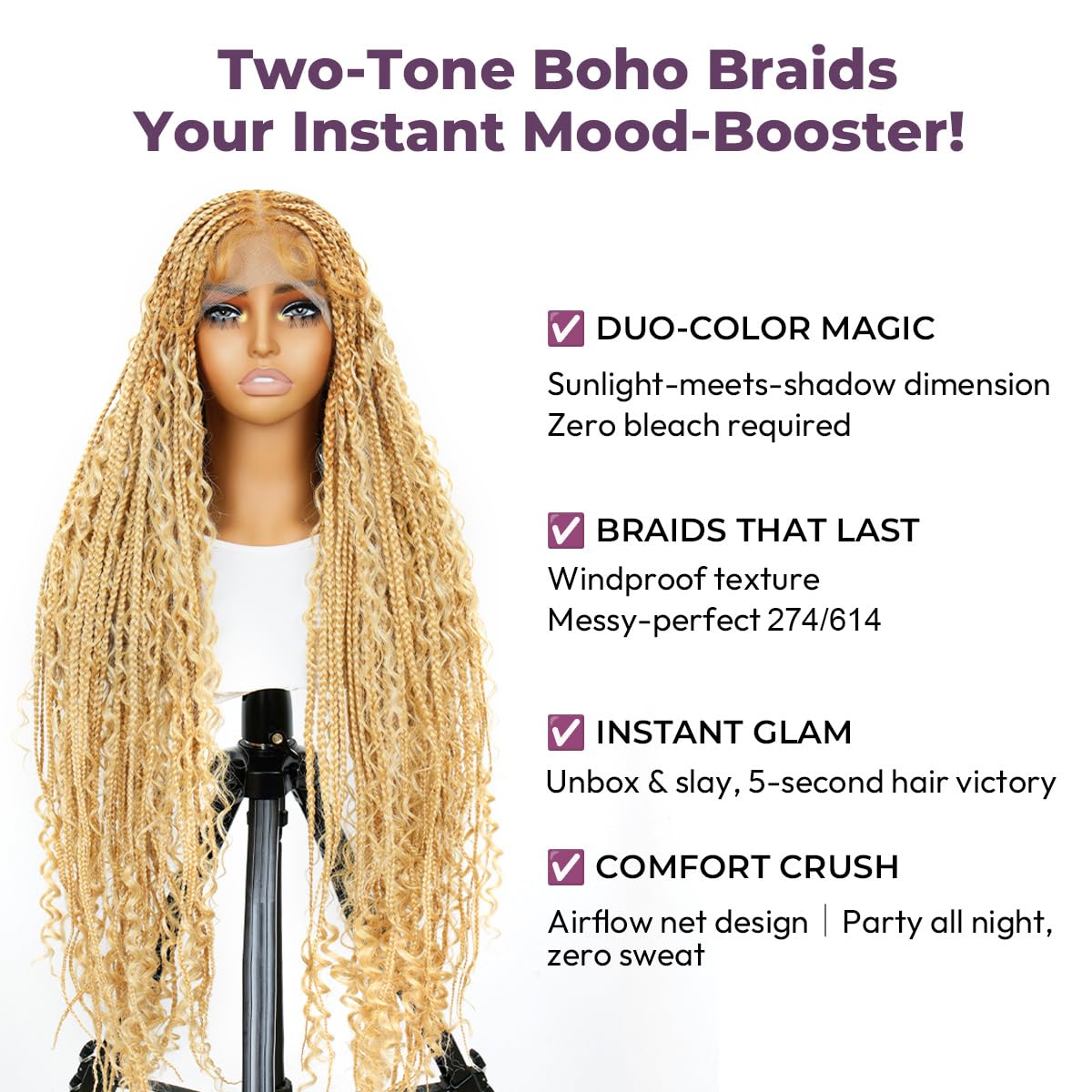 SUPERNOVA 36 Inches Full Lace Boho Box Braided Wig T274/614# Ombre Blonde Synthetic Braids Wig With Baby Hair Bohemian Long Highlight Square Knotless Braided Wigs For Black Women (36 Inch)