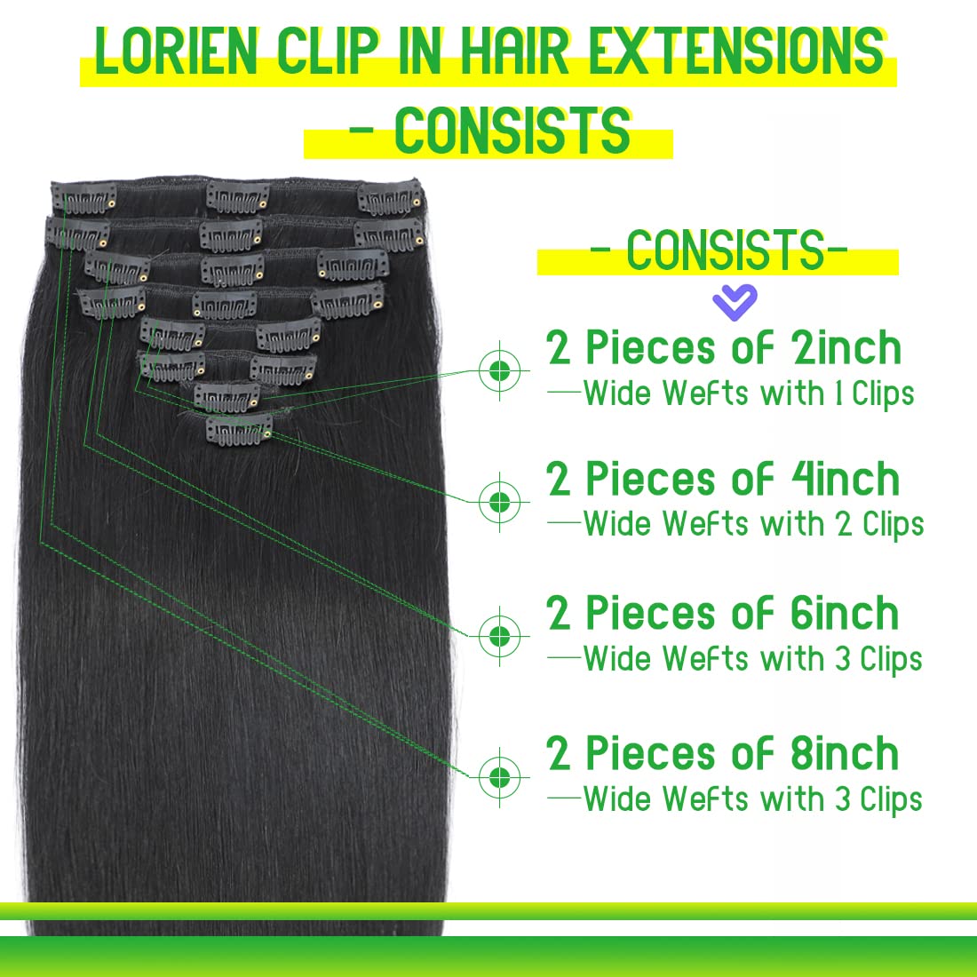 LORIEN Clip in Hair Extensions Real Human Hair, 24 Inch 120g, 1 Jet Black, Clip in 100% Brazilian Remy Human Hair Extensions 8pcs Per Set with 18 Clips Double Weft