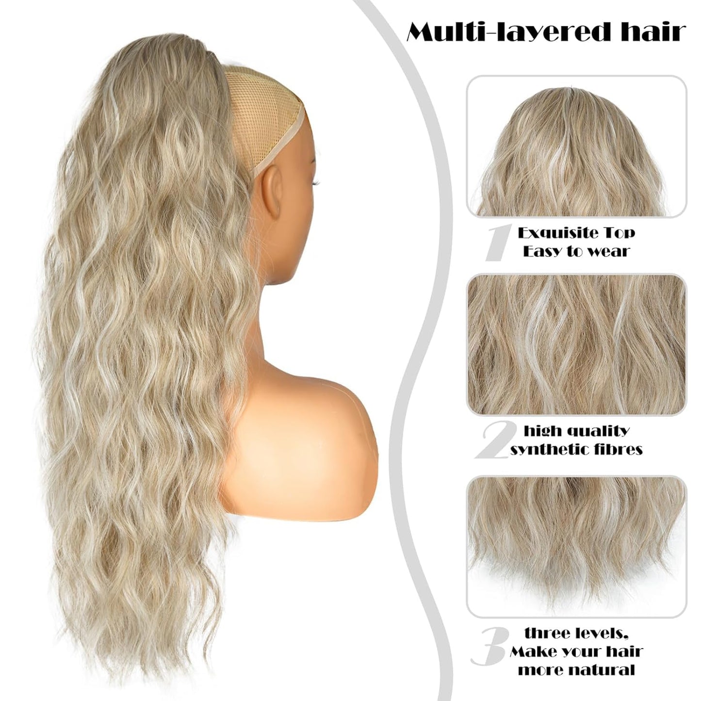 26 inch Drawstring Ponytail Extension for Women, Long Wavy Pony Tails Hair Extensions, Synthetic Hair Extensions Ponytail for Daily Use (Ash Blonde with White Highlights)