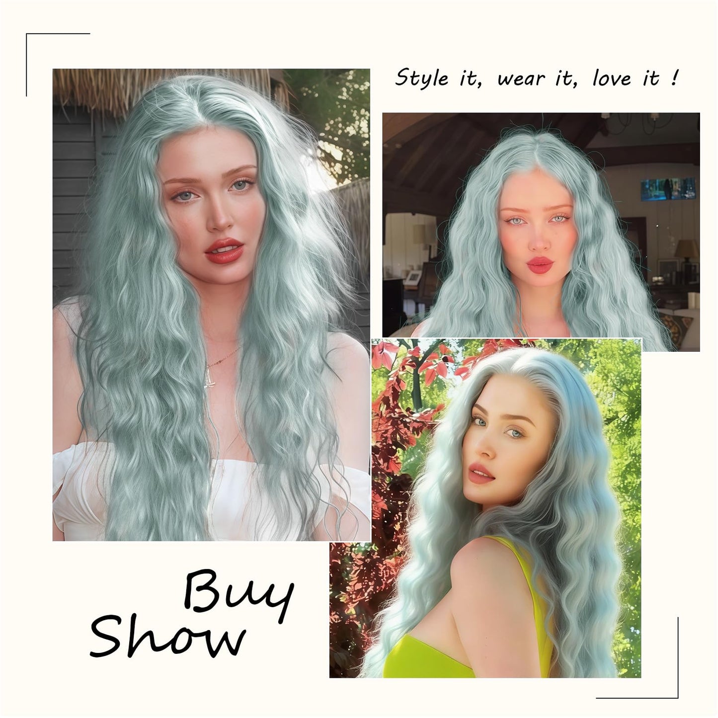 Fugady Mint Green Glueless Curly Wigs Light Green Heat Resistant Synthetic Fiber Lace Front Wig Pre Plucked 200 Density Long Loose Wave Wig With Baby Hair Colorful Wigs For Women 26 inches