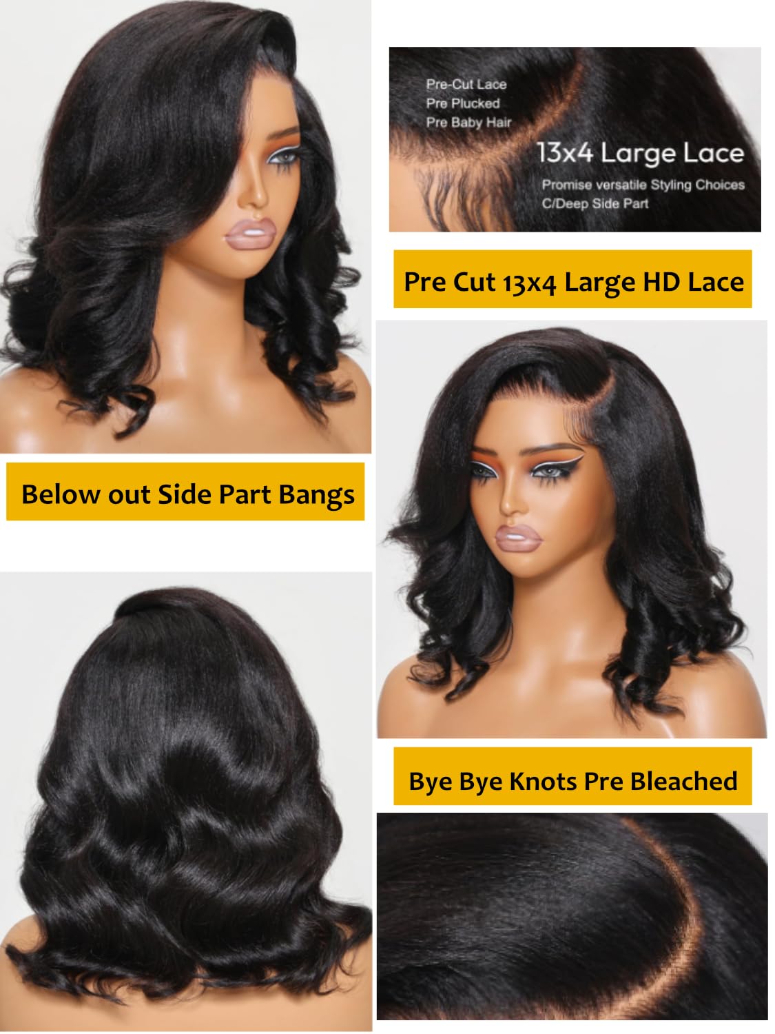Sunber Put On and Go Glueless Light Yaki Loose Wave Bob Human Hair Wigs Pre Plucked Pre Bleached Human Hair Bye Bye Knots Pre Cut 13x4 HD Lace Front Lace with Elastic Drawstring Pre Everything 10Inch